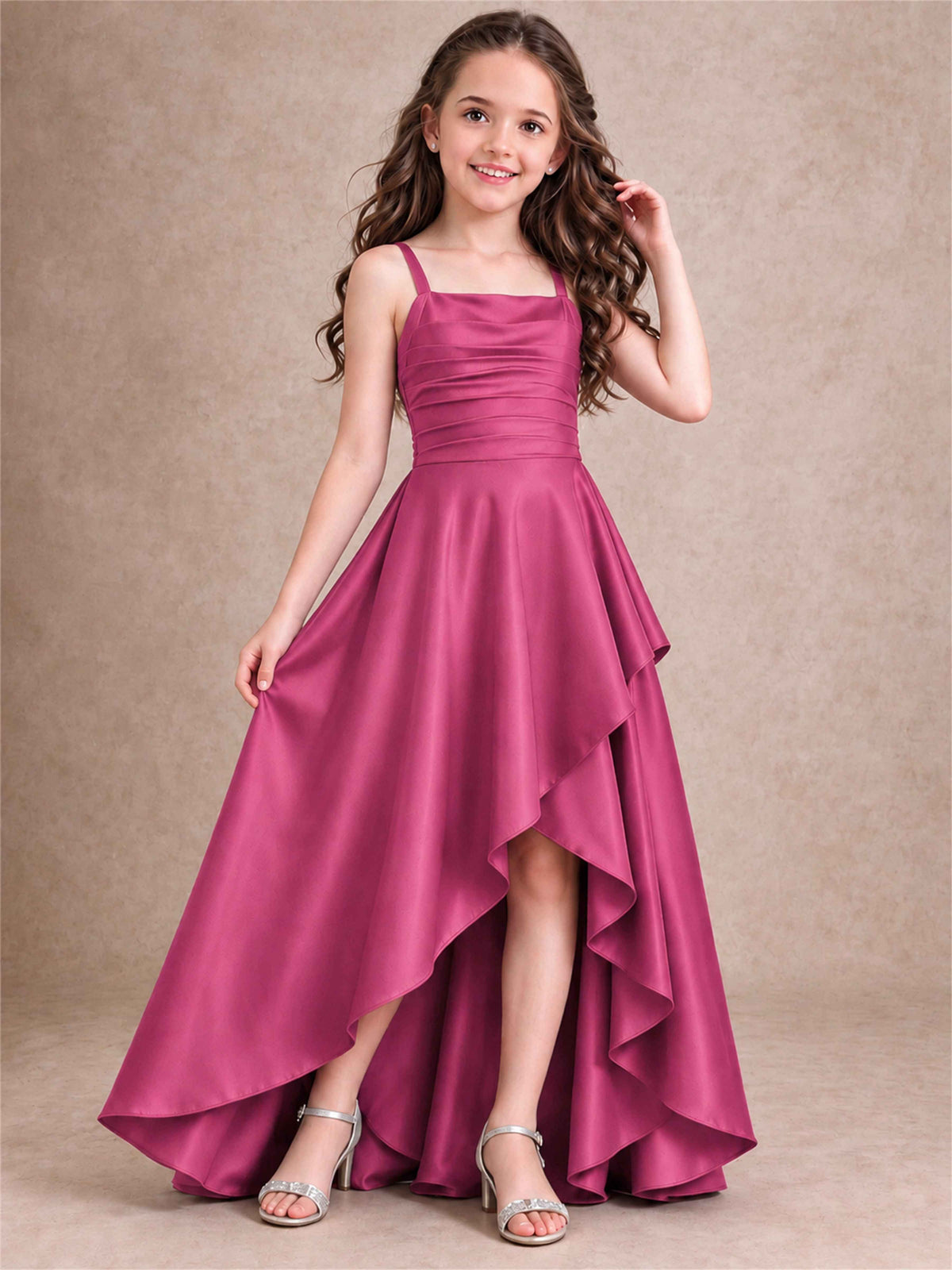 Satin Junior Bridesmaid Dress Spaghetti Strap Criss Cross Back High Low Wedding Gown