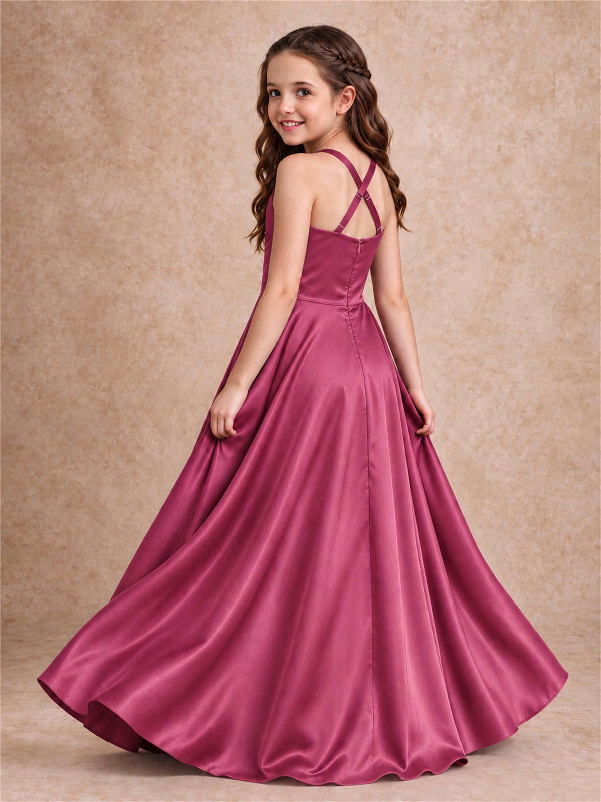 Satin Junior Bridesmaid Dress Spaghetti Strap Criss Cross Back High Low Wedding Gown