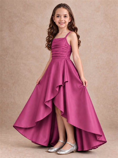 Satin Junior Bridesmaid Dress Spaghetti Strap Criss Cross Back High Low Wedding Gown