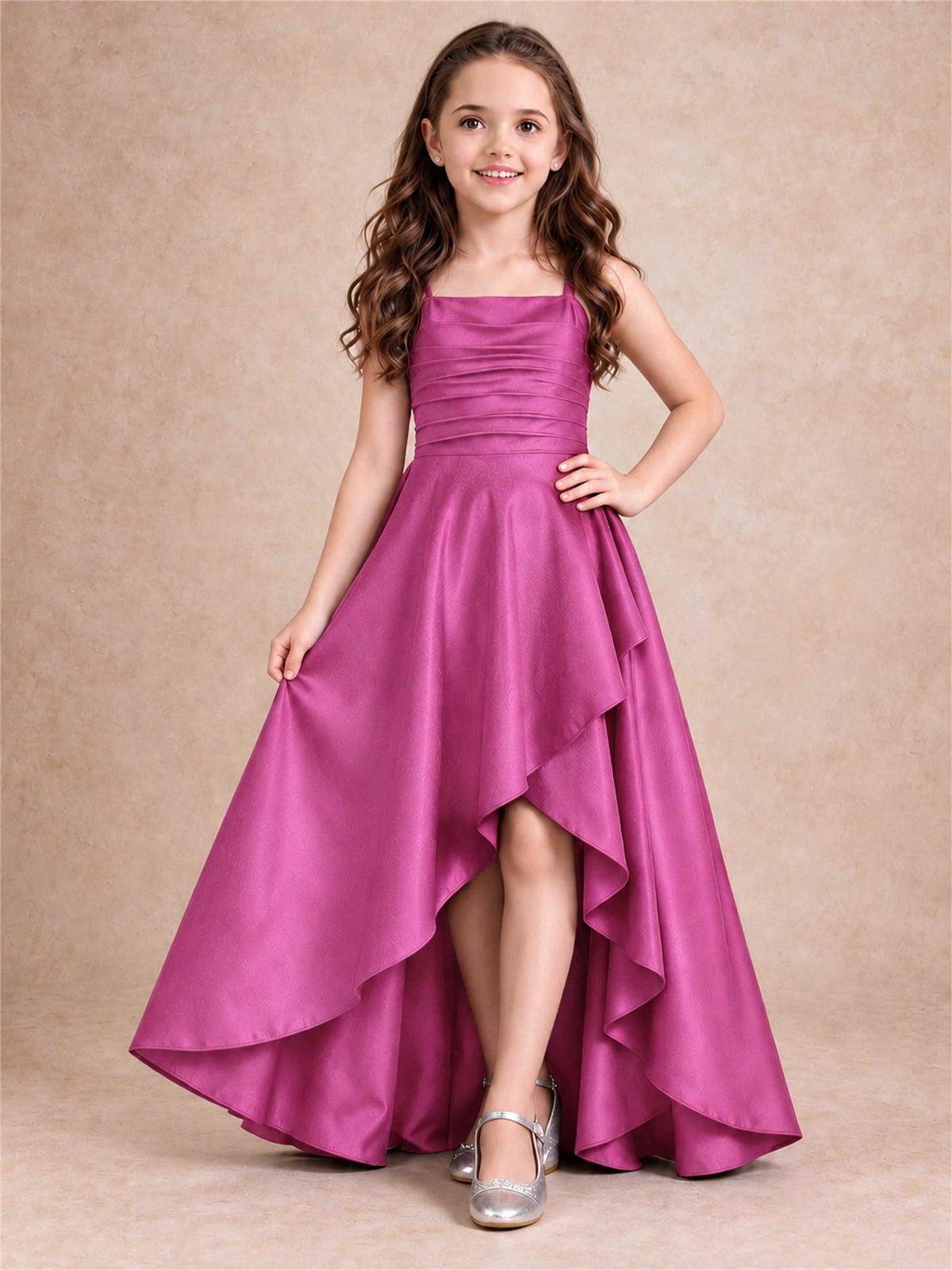 Satin Junior Bridesmaid Dress Spaghetti Strap Criss Cross Back High Low Wedding Gown