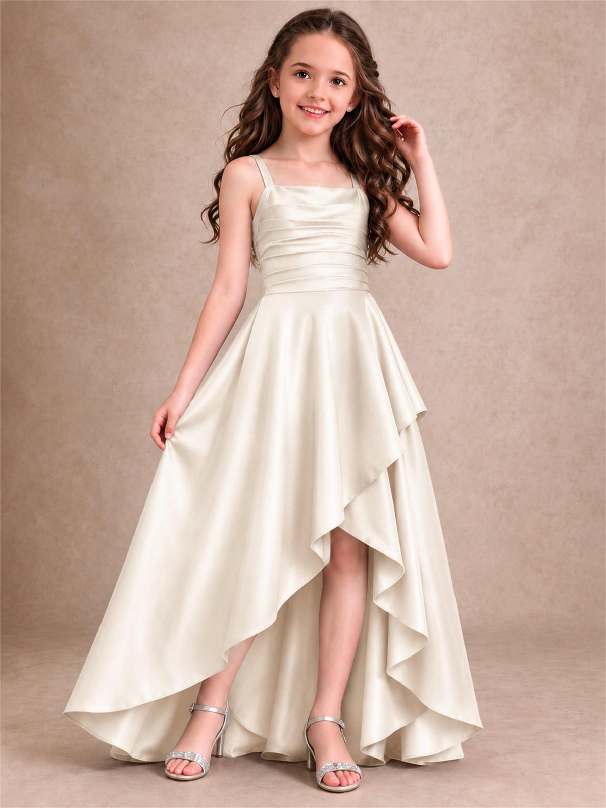 Satin Junior Bridesmaid Dress Spaghetti Strap Criss Cross Back High Low Wedding Gown