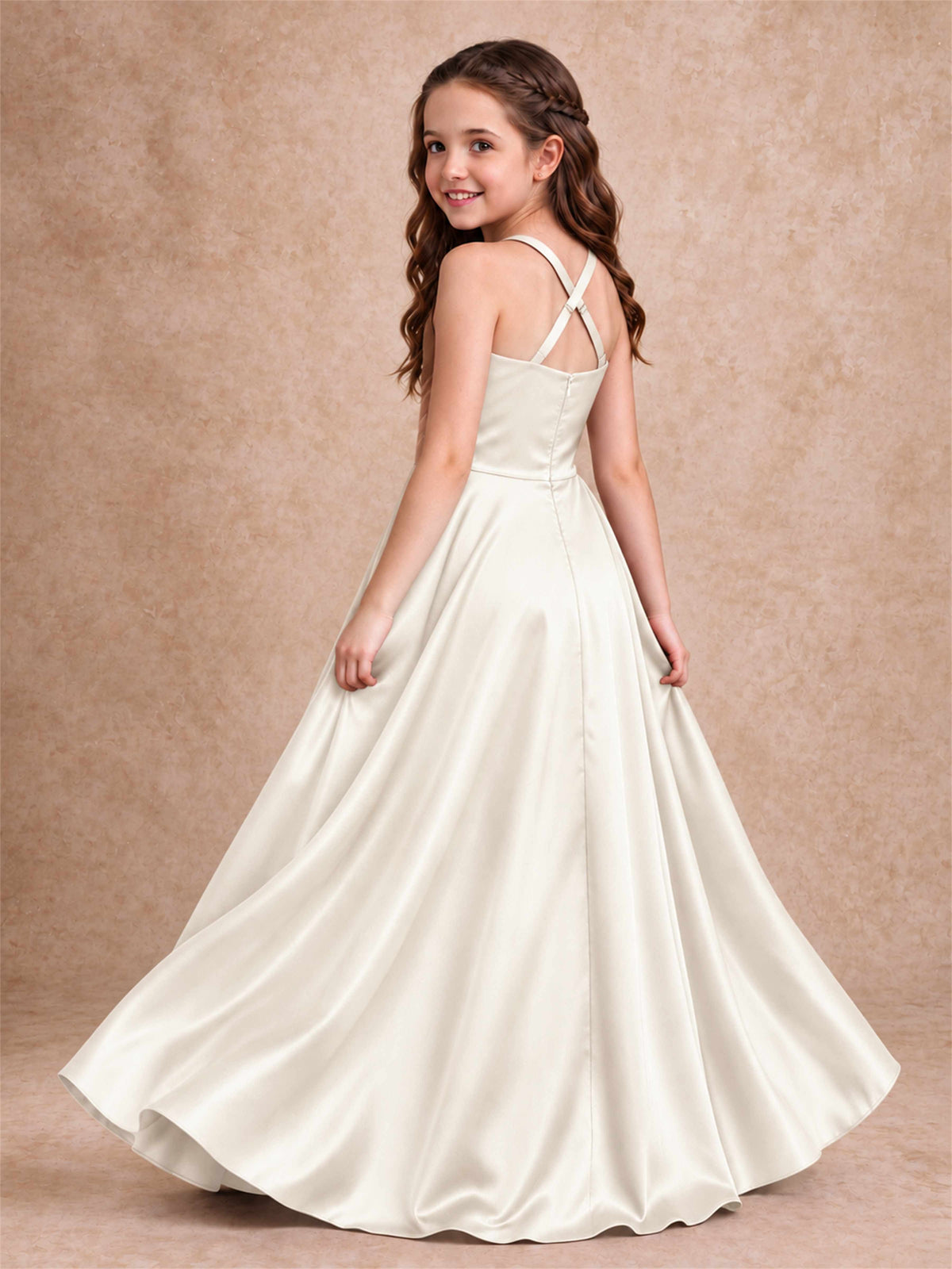 Satin Junior Bridesmaid Dress Spaghetti Strap Criss Cross Back High Low Wedding Gown