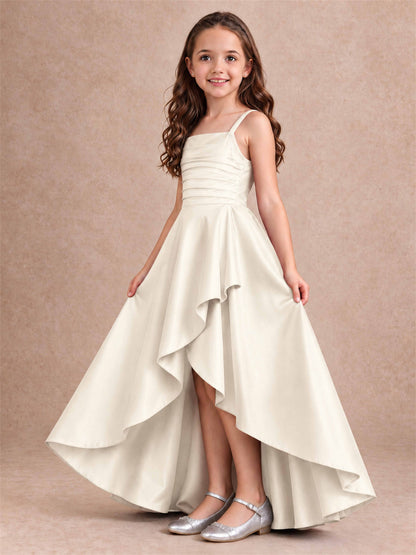 Satin Junior Bridesmaid Dress Spaghetti Strap Criss Cross Back High Low Wedding Gown