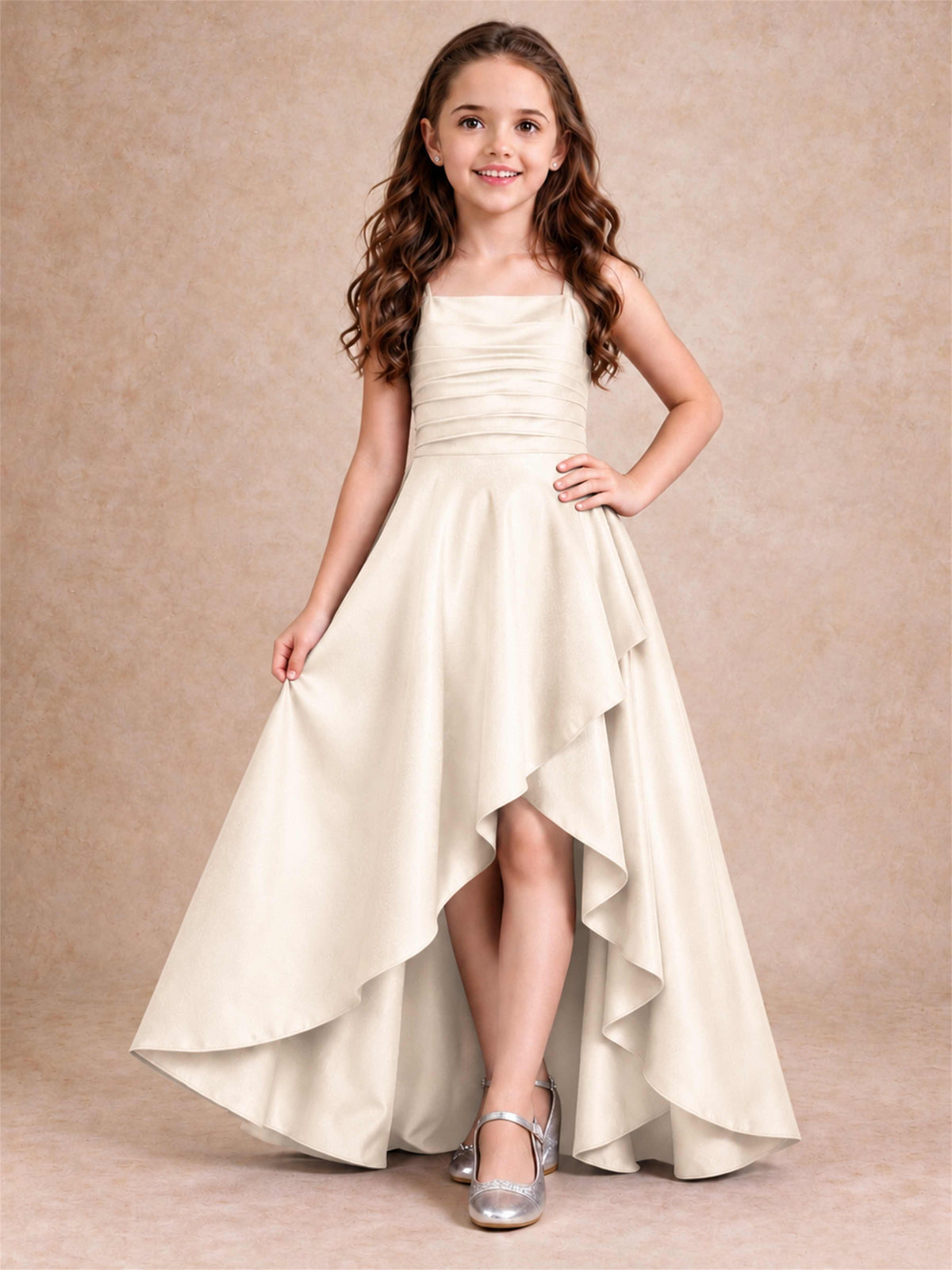 Satin Junior Bridesmaid Dress Spaghetti Strap Criss Cross Back High Low Wedding Gown