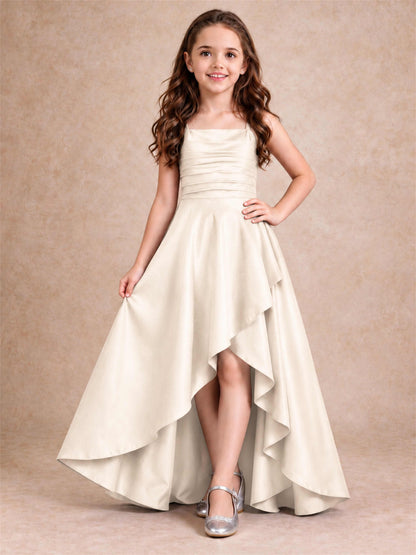 Satin Junior Bridesmaid Dress Spaghetti Strap Criss Cross Back High Low Wedding Gown