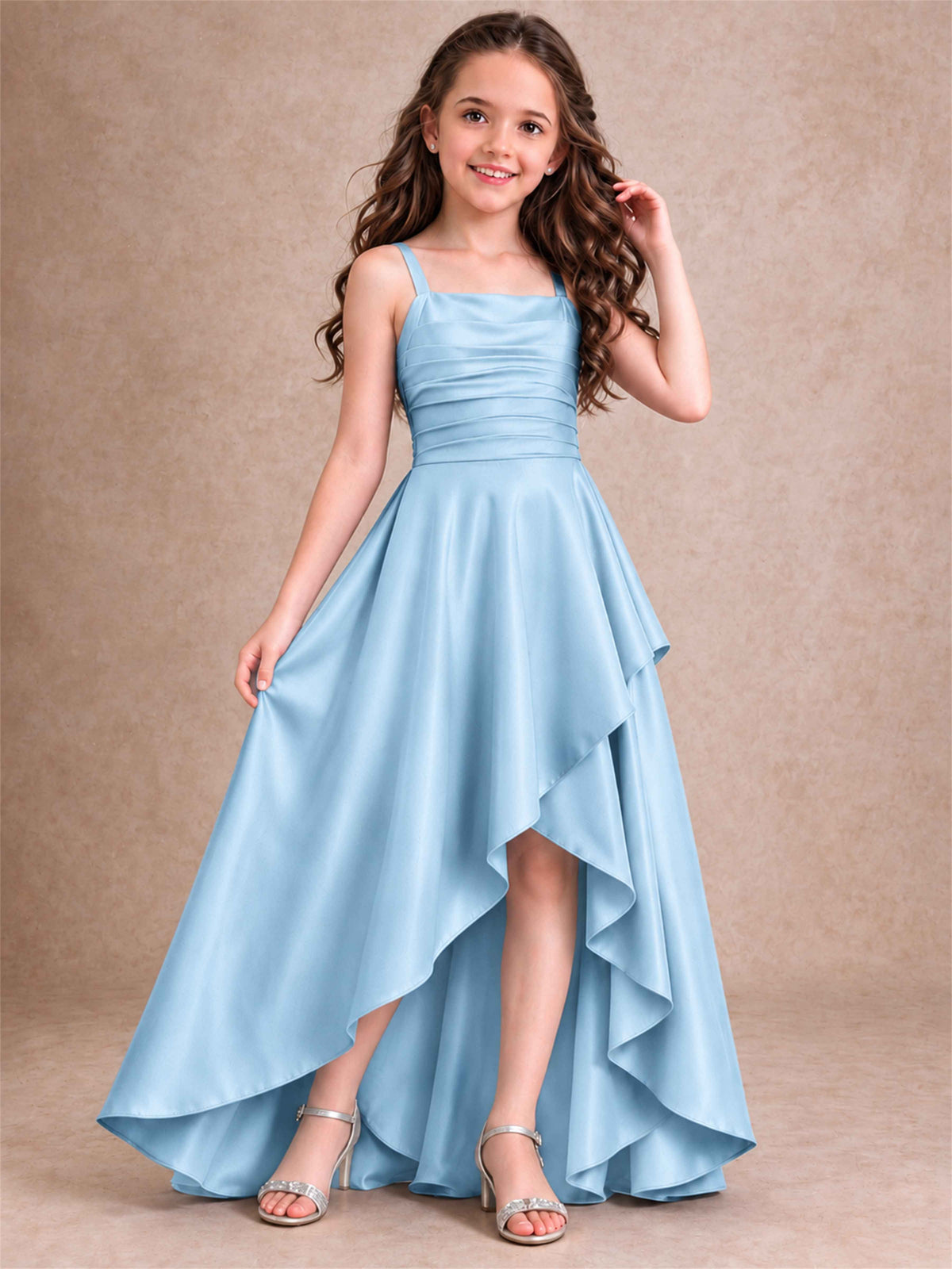 Satin Junior Bridesmaid Dress Spaghetti Strap Criss Cross Back High Low Wedding Gown