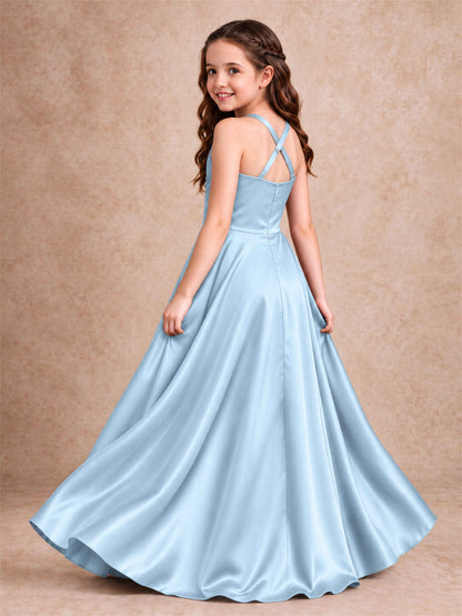Satin Junior Bridesmaid Dress Spaghetti Strap Criss Cross Back High Low Wedding Gown