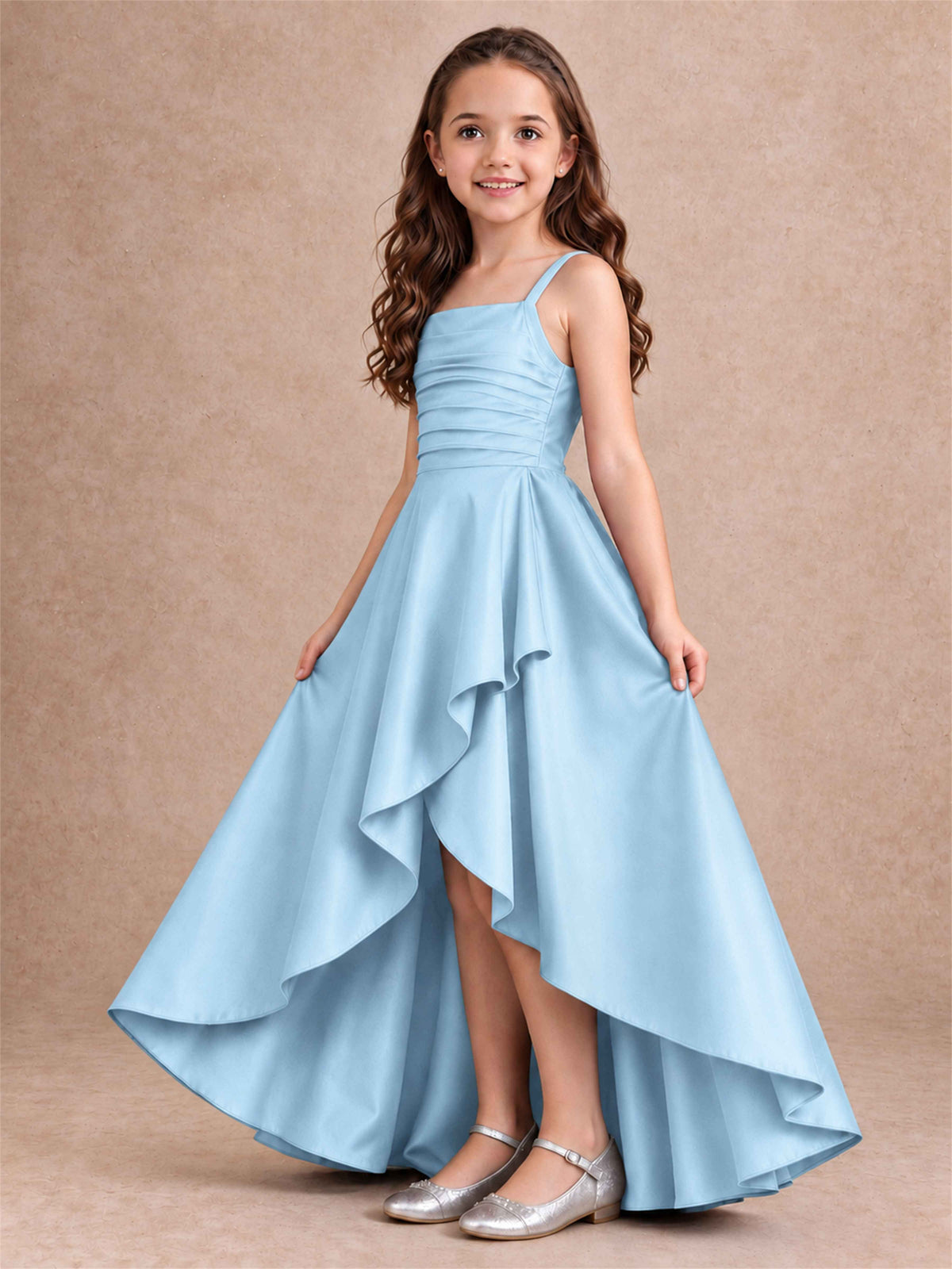 Satin Junior Bridesmaid Dress Spaghetti Strap Criss Cross Back High Low Wedding Gown