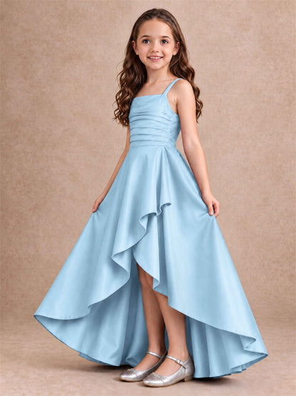 Satin Junior Bridesmaid Dress Spaghetti Strap Criss Cross Back High Low Wedding Gown