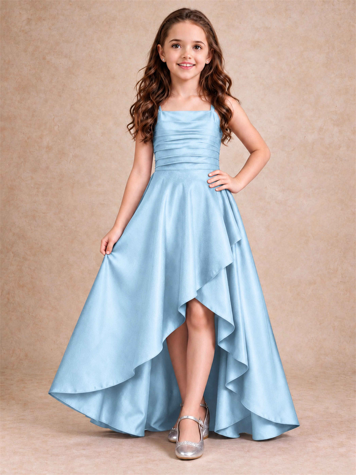 Satin Junior Bridesmaid Dress Spaghetti Strap Criss Cross Back High Low Wedding Gown