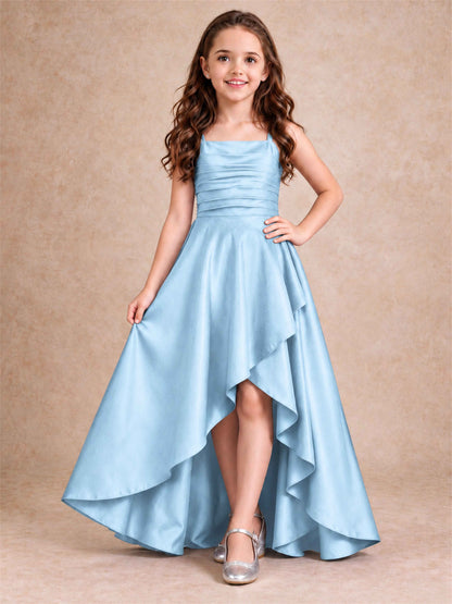 Satin Junior Bridesmaid Dress Spaghetti Strap Criss Cross Back High Low Wedding Gown