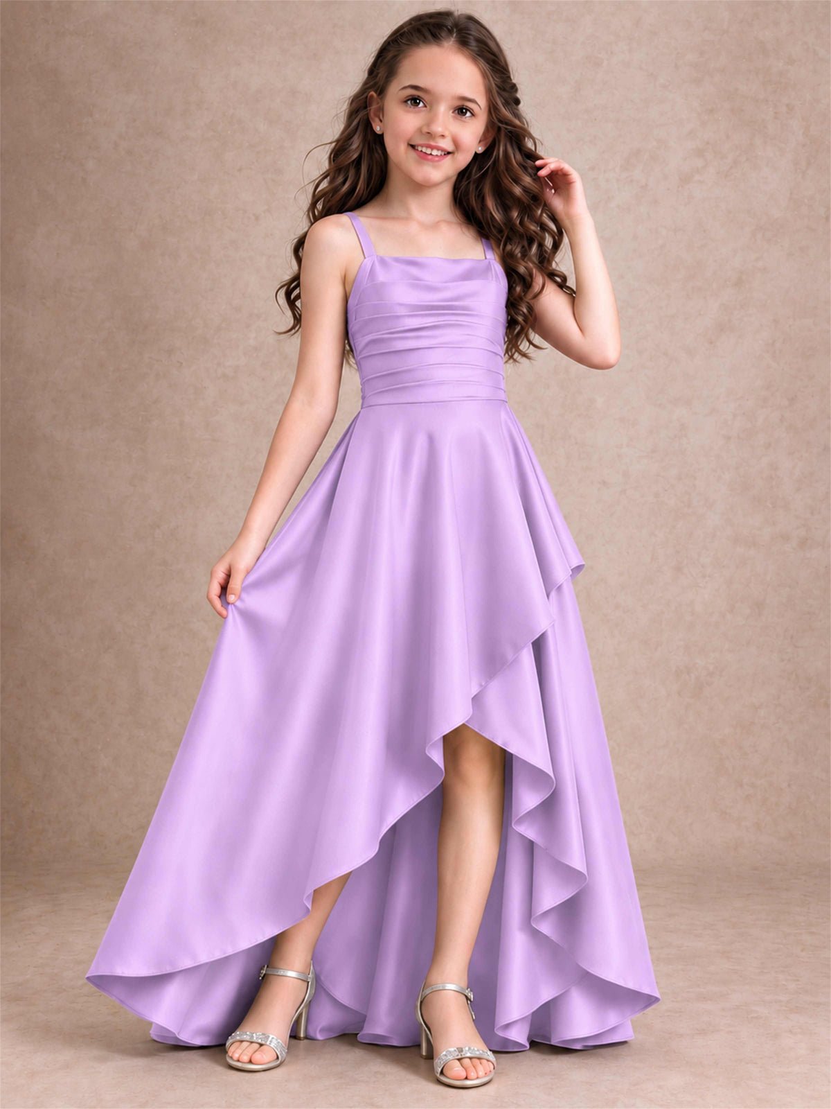 Satin Junior Bridesmaid Dress Spaghetti Strap Criss Cross Back High Low Wedding Gown