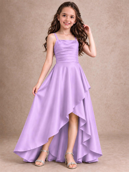 Satin Junior Bridesmaid Dress Spaghetti Strap Criss Cross Back High Low Wedding Gown