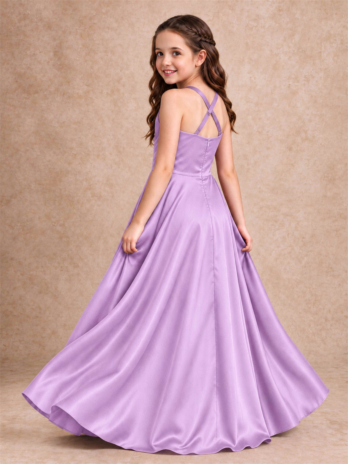 Satin Junior Bridesmaid Dress Spaghetti Strap Criss Cross Back High Low Wedding Gown