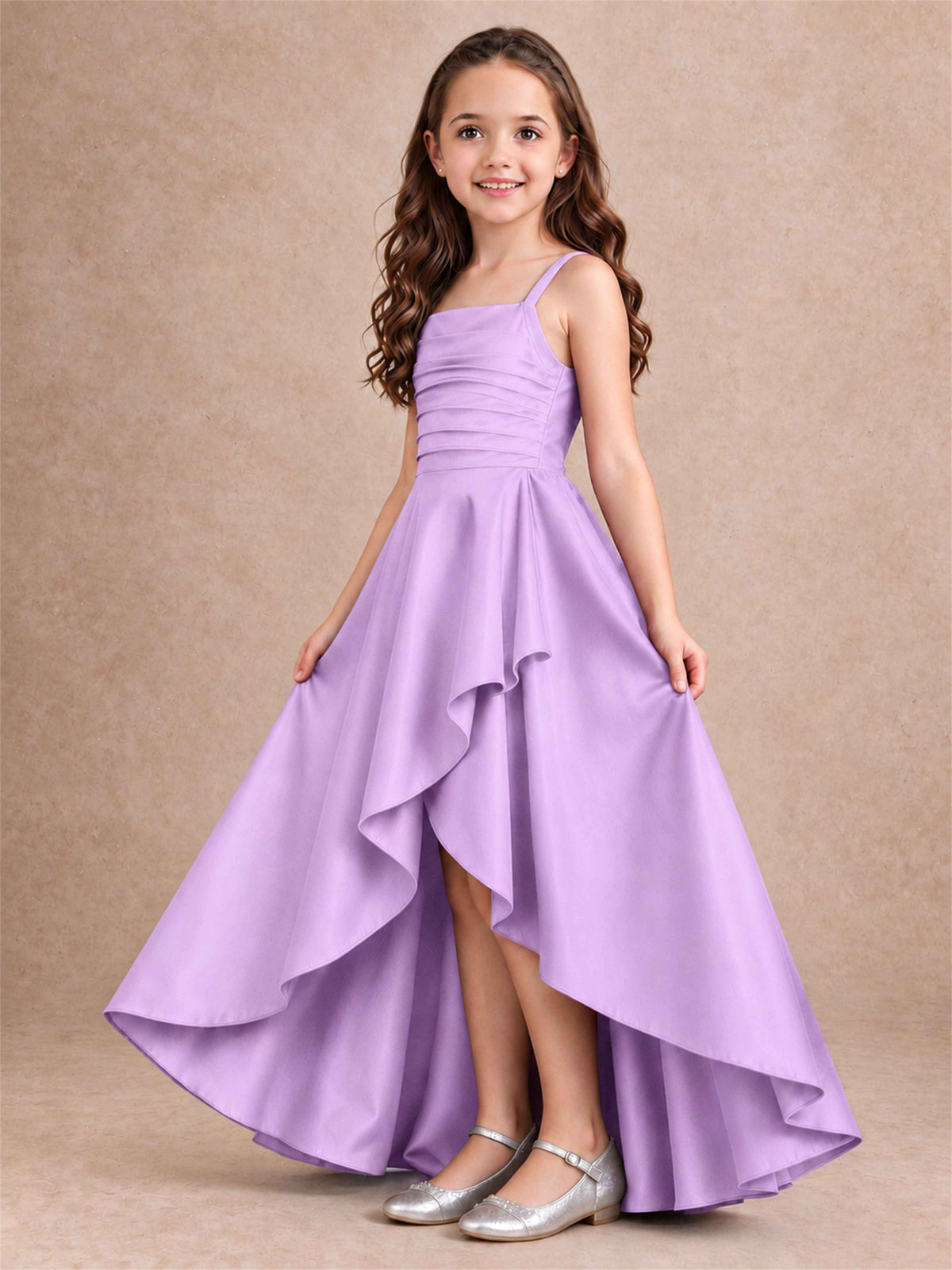 Satin Junior Bridesmaid Dress Spaghetti Strap Criss Cross Back High Low Wedding Gown