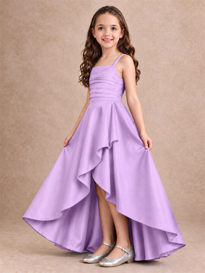 Satin Junior Bridesmaid Dress Spaghetti Strap Criss Cross Back High Low Wedding Gown