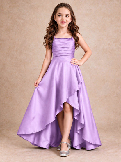 Satin Junior Bridesmaid Dress Spaghetti Strap Criss Cross Back High Low Wedding Gown