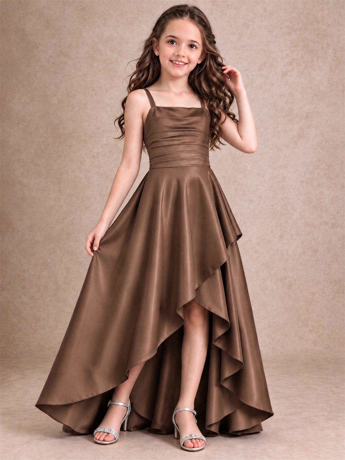 Satin Junior Bridesmaid Dress Spaghetti Strap Criss Cross Back High Low Wedding Gown