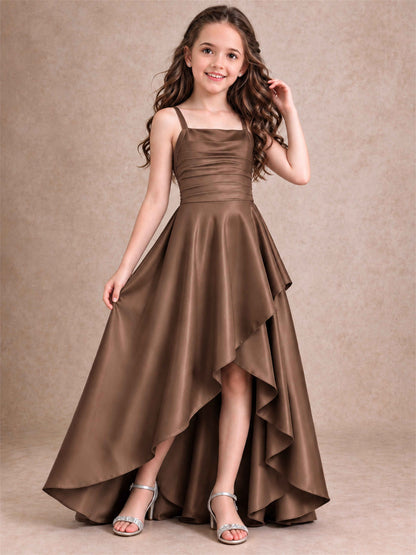 Satin Junior Bridesmaid Dress Spaghetti Strap Criss Cross Back High Low Wedding Gown