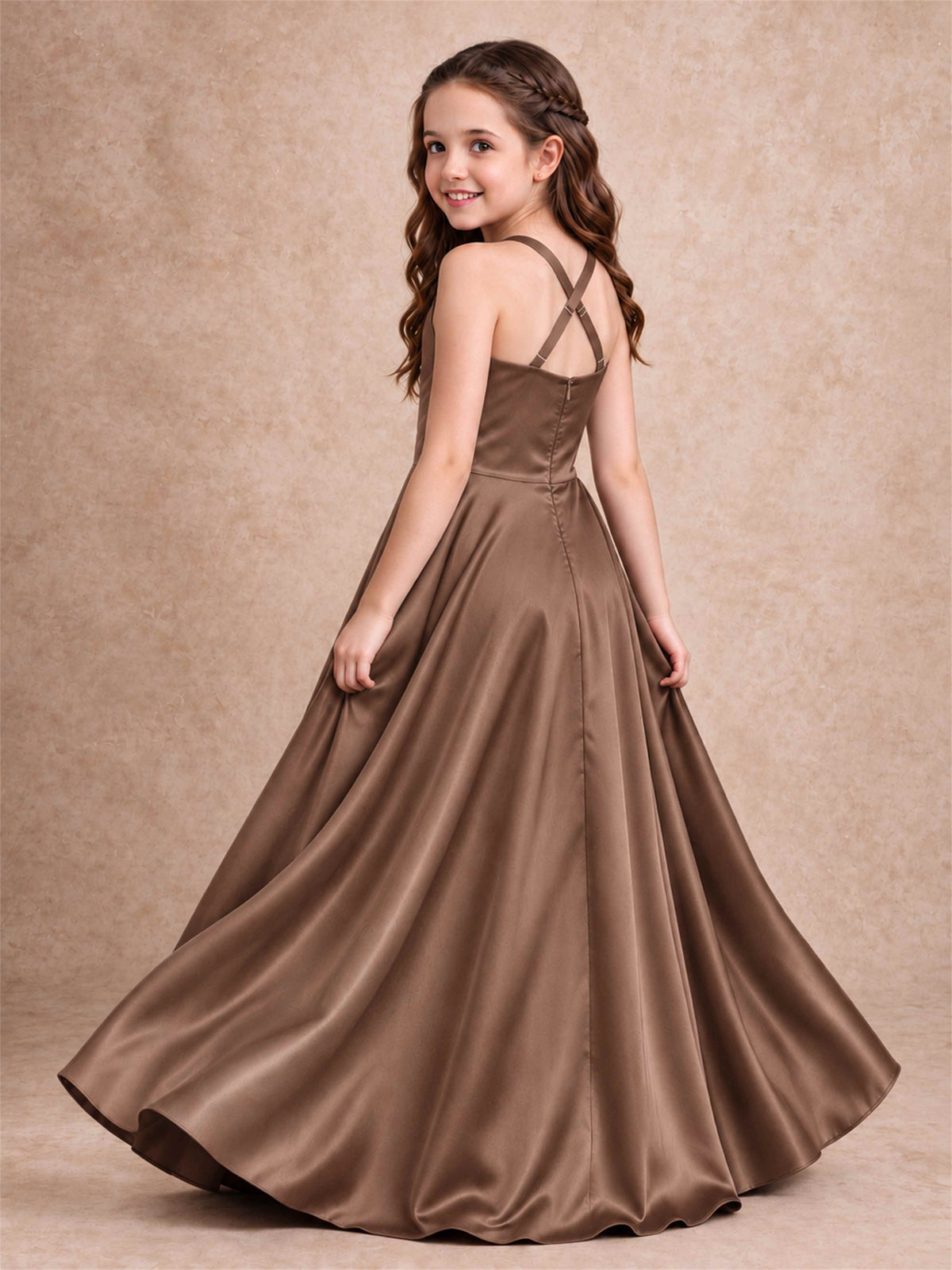 Satin Junior Bridesmaid Dress Spaghetti Strap Criss Cross Back High Low Wedding Gown