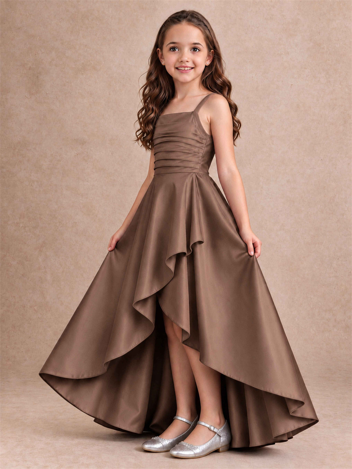 Satin Junior Bridesmaid Dress Spaghetti Strap Criss Cross Back High Low Wedding Gown