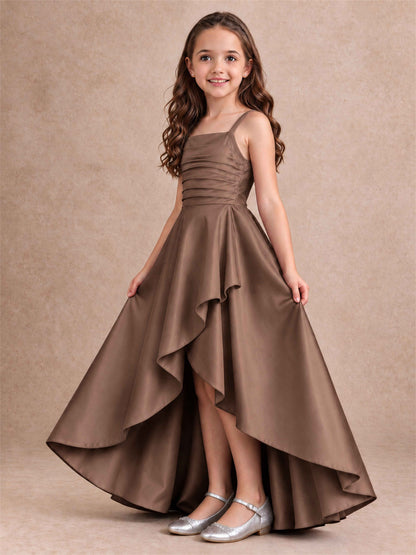 Satin Junior Bridesmaid Dress Spaghetti Strap Criss Cross Back High Low Wedding Gown