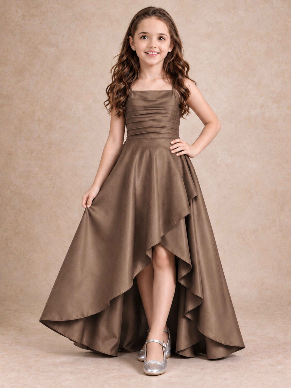 Satin Junior Bridesmaid Dress Spaghetti Strap Criss Cross Back High Low Wedding Gown