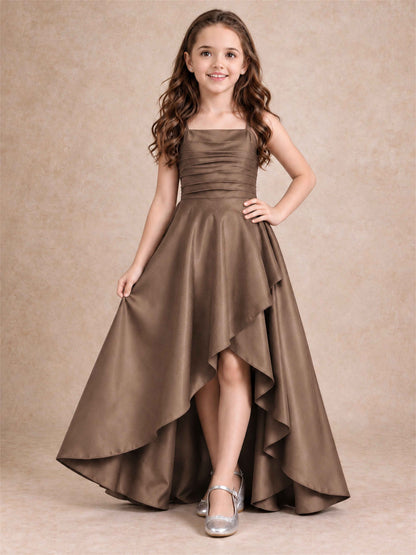 Satin Junior Bridesmaid Dress Spaghetti Strap Criss Cross Back High Low Wedding Gown