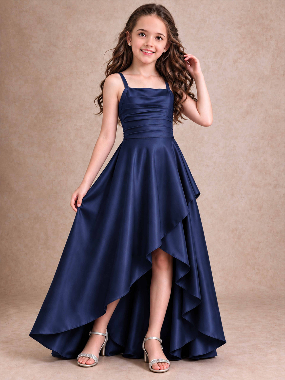 Satin Junior Bridesmaid Dress Spaghetti Strap Criss Cross Back High Low Wedding Gown