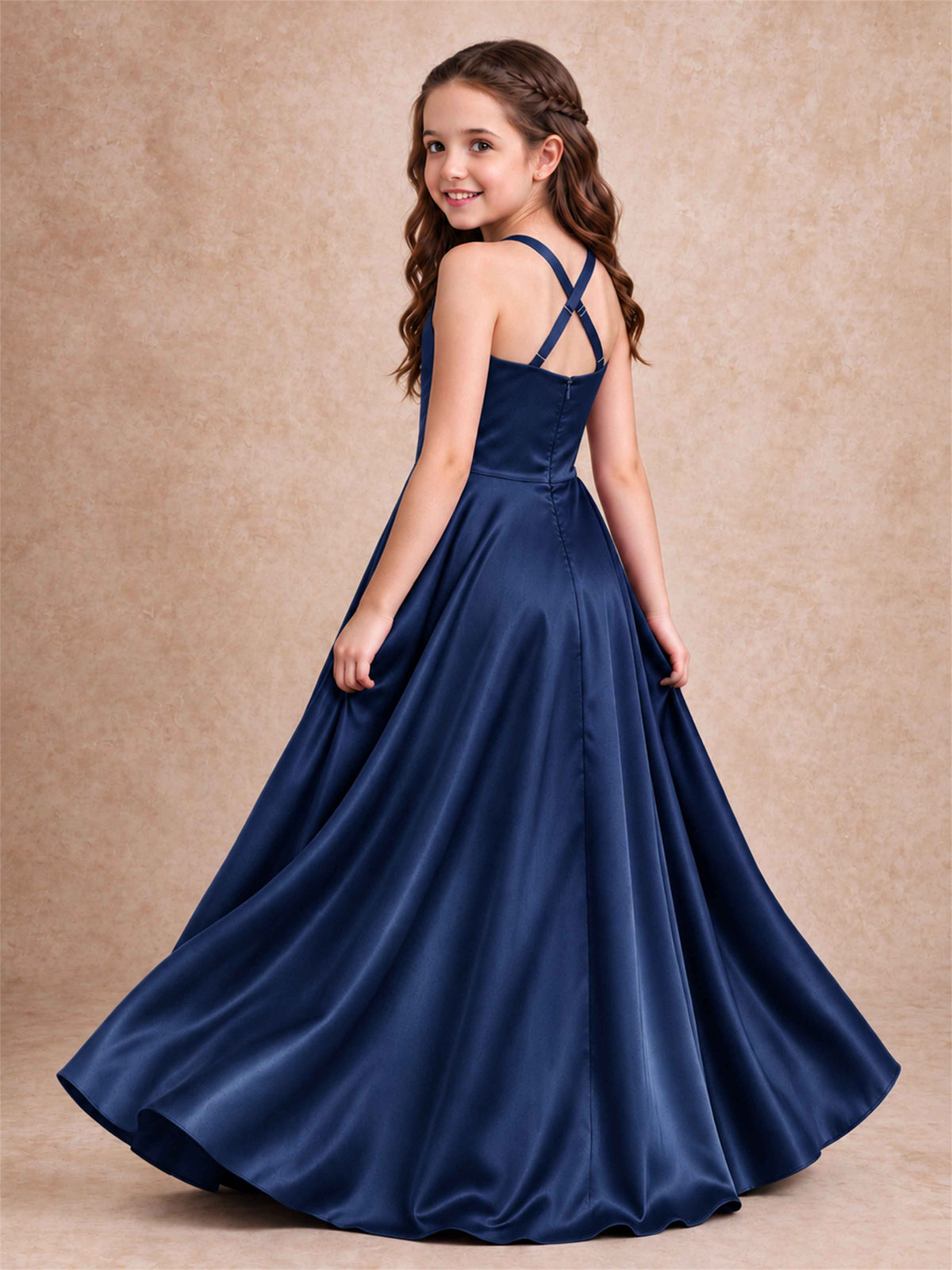 Satin Junior Bridesmaid Dress Spaghetti Strap Criss Cross Back High Low Wedding Gown