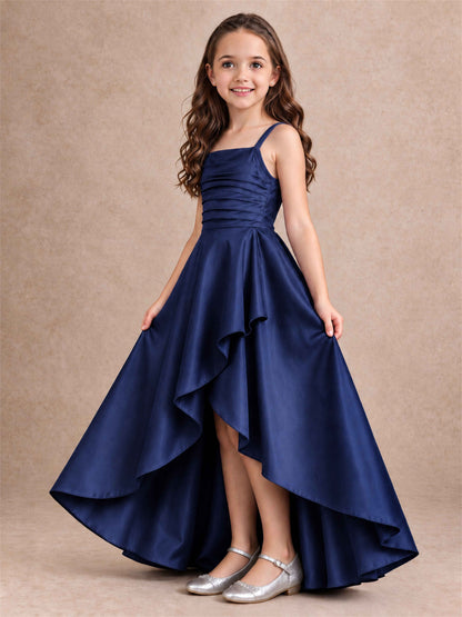 Satin Junior Bridesmaid Dress Spaghetti Strap Criss Cross Back High Low Wedding Gown