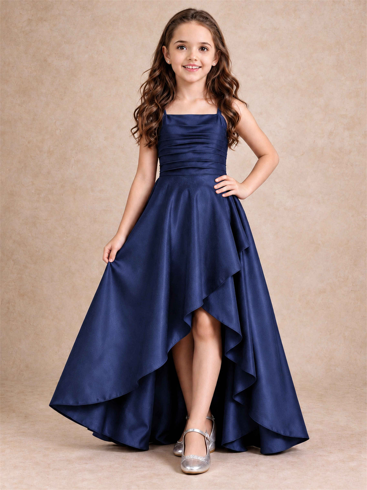 Satin Junior Bridesmaid Dress Spaghetti Strap Criss Cross Back High Low Wedding Gown