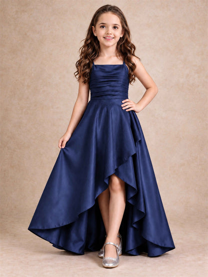 Satin Junior Bridesmaid Dress Spaghetti Strap Criss Cross Back High Low Wedding Gown