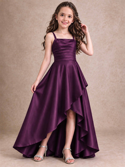 Satin Junior Bridesmaid Dress Spaghetti Strap Criss Cross Back High Low Wedding Gown