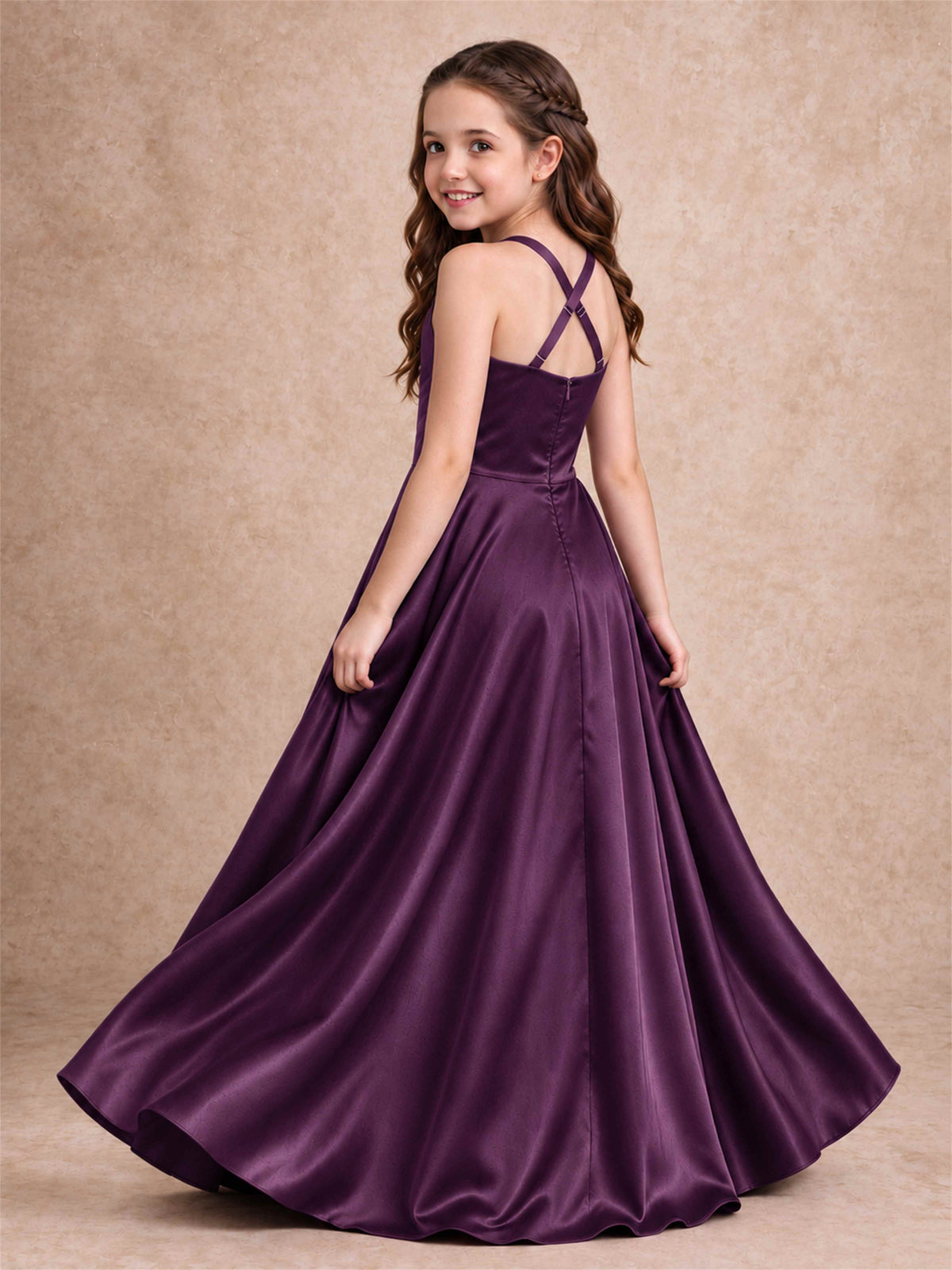 Satin Junior Bridesmaid Dress Spaghetti Strap Criss Cross Back High Low Wedding Gown