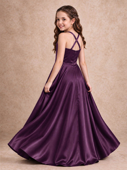 Satin Junior Bridesmaid Dress Spaghetti Strap Criss Cross Back High Low Wedding Gown