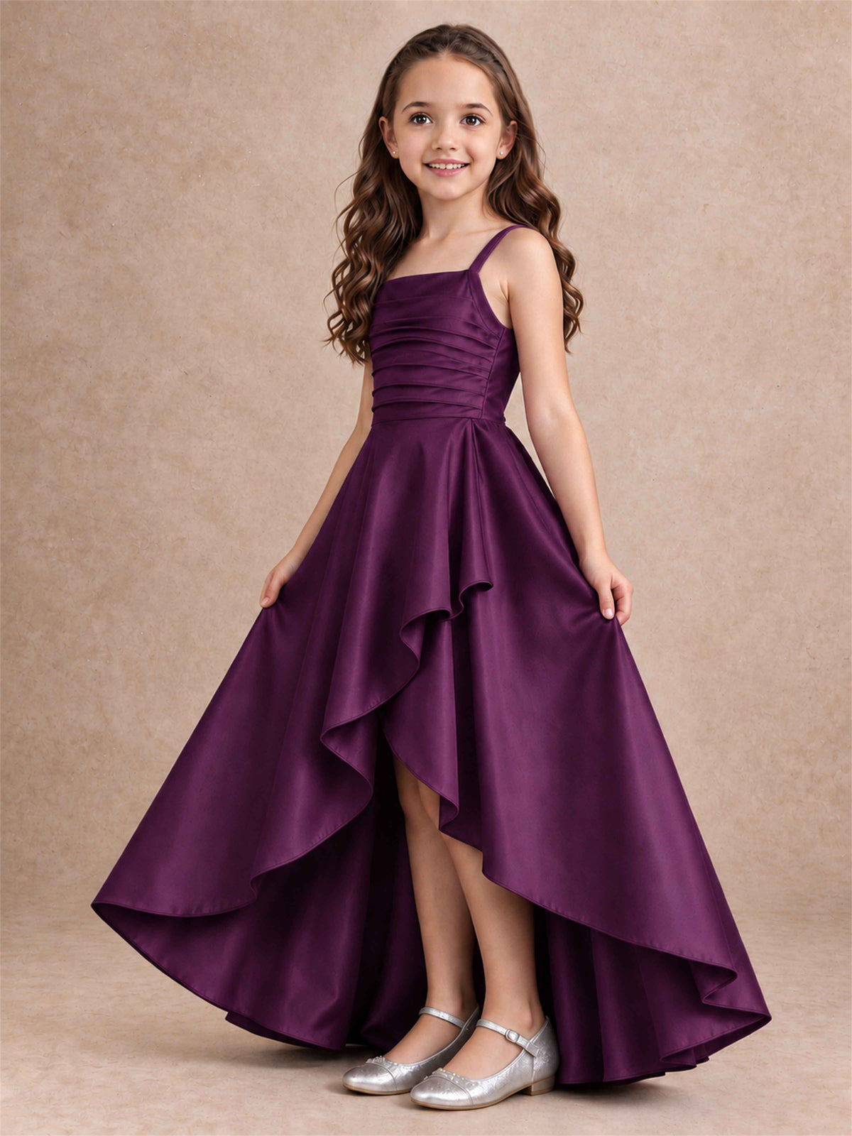 Satin Junior Bridesmaid Dress Spaghetti Strap Criss Cross Back High Low Wedding Gown