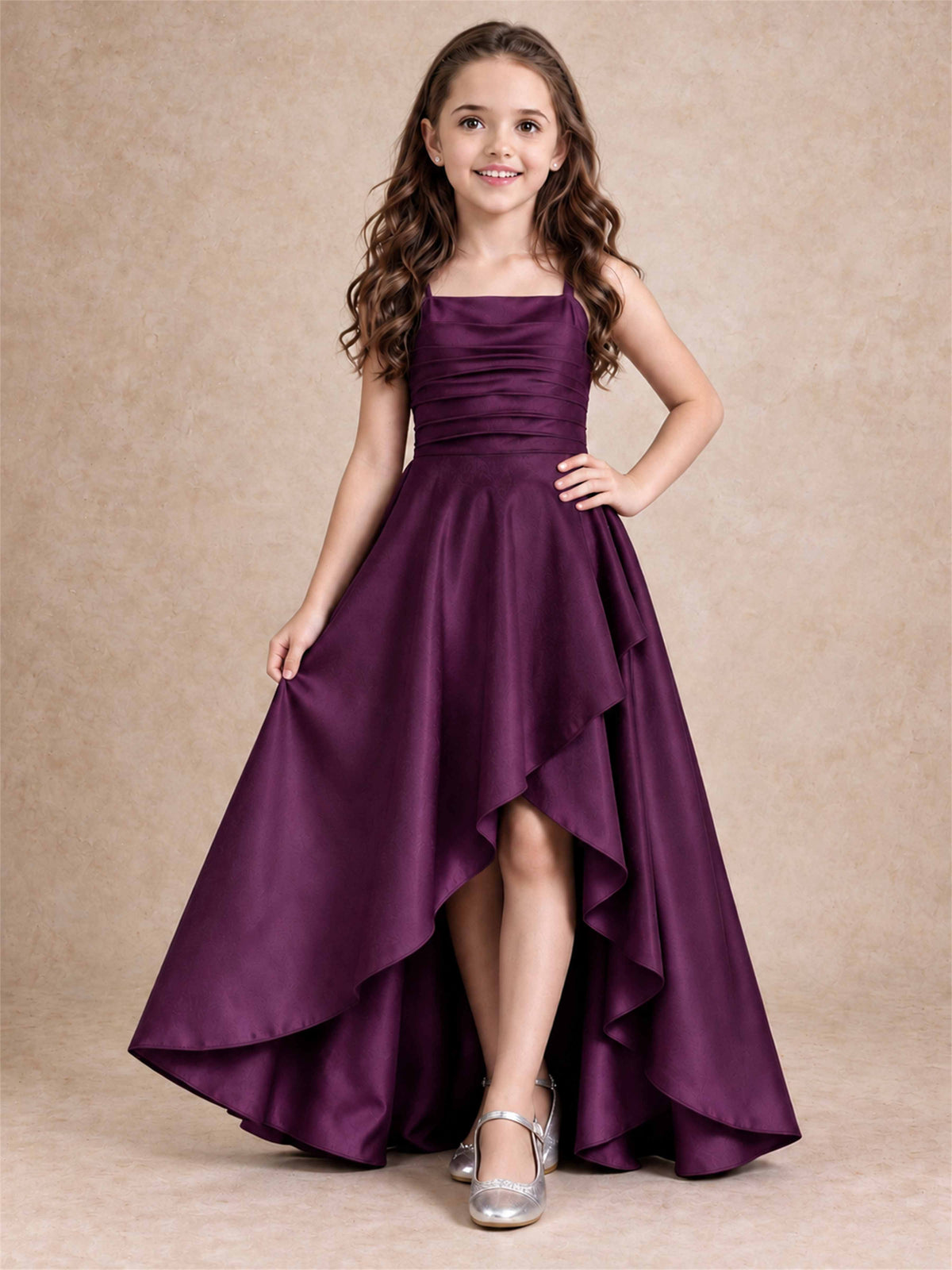 Satin Junior Bridesmaid Dress Spaghetti Strap Criss Cross Back High Low Wedding Gown