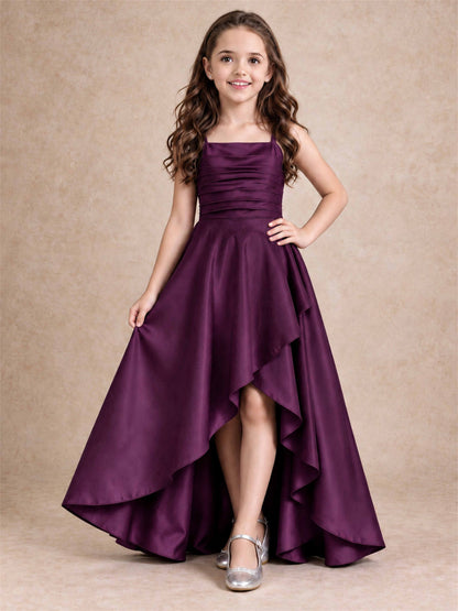 Satin Junior Bridesmaid Dress Spaghetti Strap Criss Cross Back High Low Wedding Gown