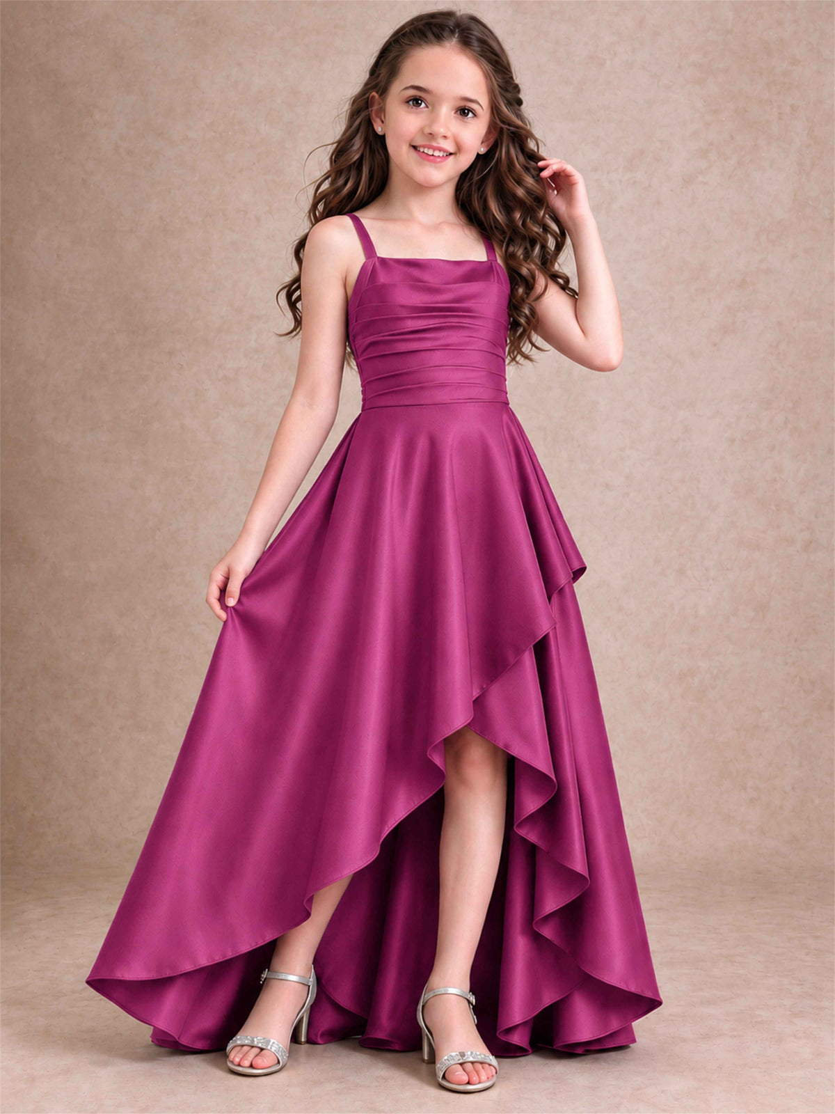 Satin Junior Bridesmaid Dress Spaghetti Strap Criss Cross Back High Low Wedding Gown