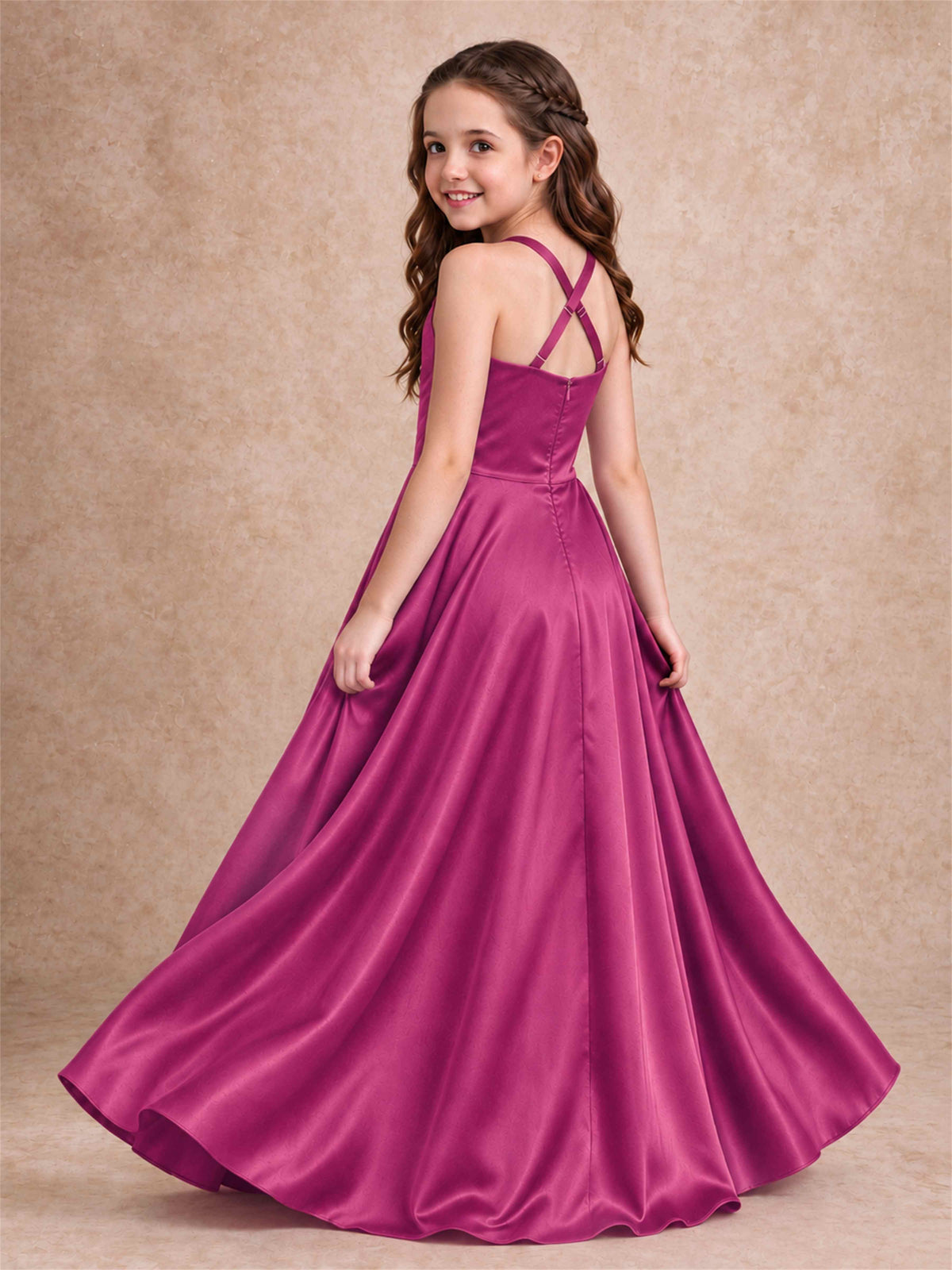 Satin Junior Bridesmaid Dress Spaghetti Strap Criss Cross Back High Low Wedding Gown