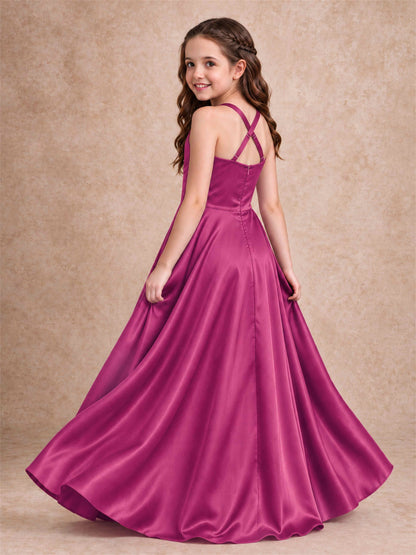 Satin Junior Bridesmaid Dress Spaghetti Strap Criss Cross Back High Low Wedding Gown