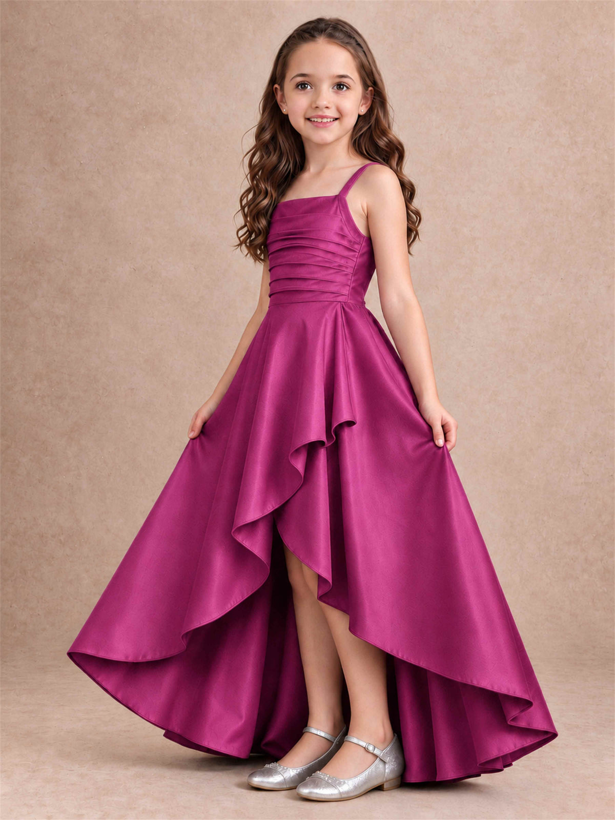 Satin Junior Bridesmaid Dress Spaghetti Strap Criss Cross Back High Low Wedding Gown