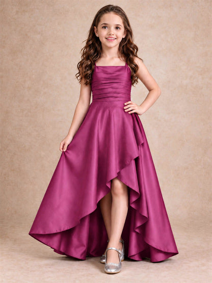 Satin Junior Bridesmaid Dress Spaghetti Strap Criss Cross Back High Low Wedding Gown