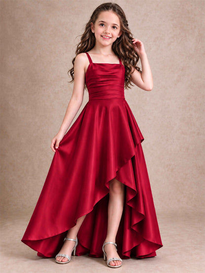 Satin Junior Bridesmaid Dress Spaghetti Strap Criss Cross Back High Low Wedding Gown