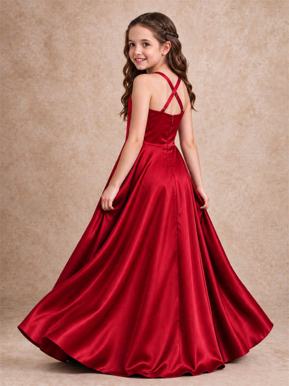 Satin Junior Bridesmaid Dress Spaghetti Strap Criss Cross Back High Low Wedding Gown
