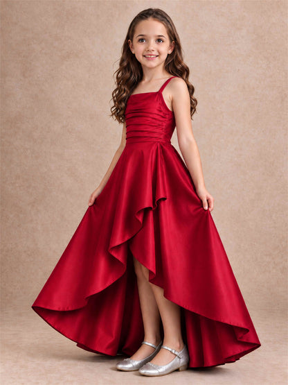 Satin Junior Bridesmaid Dress Spaghetti Strap Criss Cross Back High Low Wedding Gown