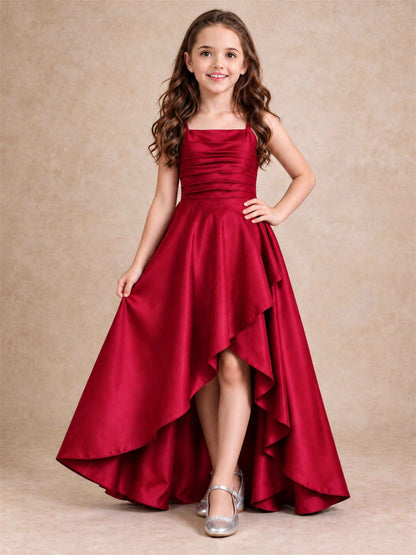 Satin Junior Bridesmaid Dress Spaghetti Strap Criss Cross Back High Low Wedding Gown