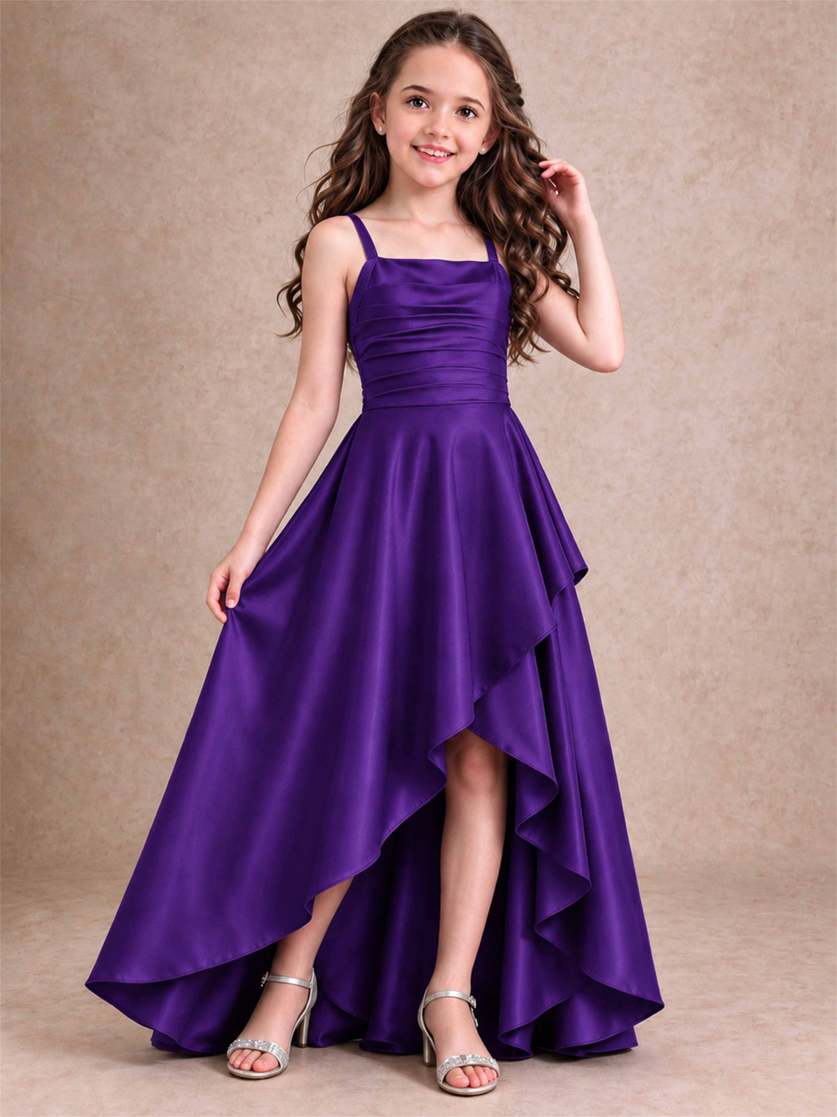 Satin Junior Bridesmaid Dress Spaghetti Strap Criss Cross Back High Low Wedding Gown