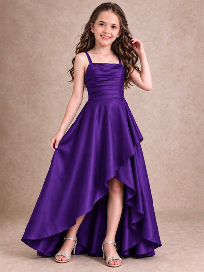Satin Junior Bridesmaid Dress Spaghetti Strap Criss Cross Back High Low Wedding Gown